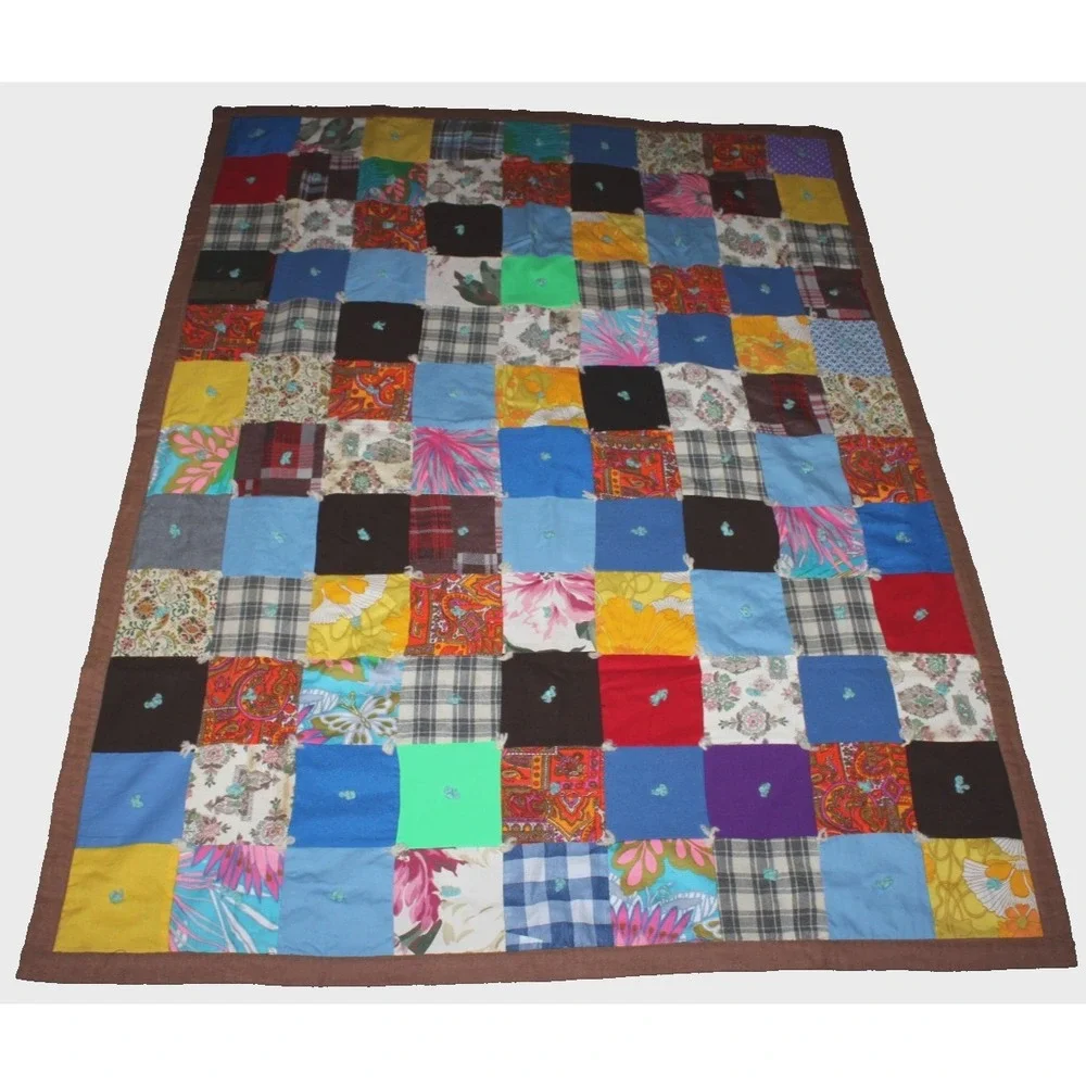 colorful vintage 1970s polyester patchwork quilt yarn ties 44
